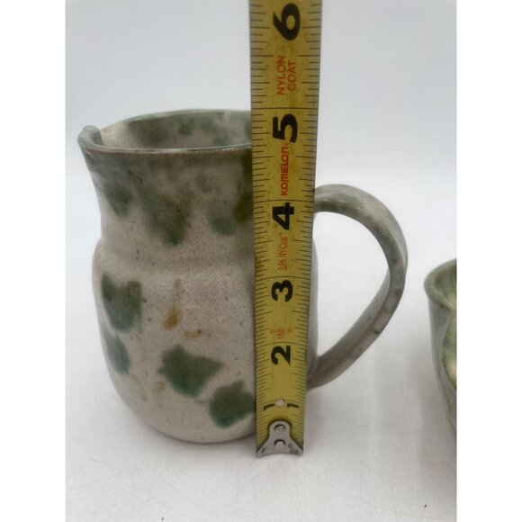 Handcrafted Vintage Studio Pottery Pitcher Scalloped Bowl Set Green Ivy Pattern - Picture 7 of 11